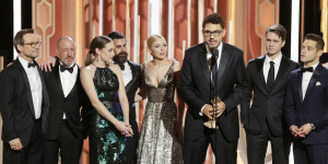 BEVERLY HILLS, CA - JANUARY 10: In this handout photo provided by NBCUniversal, Sam Esmail accepts the award for Best TV Series, Drama for "Mr. Robot" during the 73rd Annual Golden Globe Awards at The Beverly Hilton Hotel on January 10, 2016 in Beverly Hills, California. (Photo by Paul Drinkwater/NBCUniversal via Getty Images)